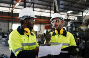Trabajadores industriales con equipo de protección personal analizando documentación de seguridad laboral para prevenir accidentes de trabajo en España 2024