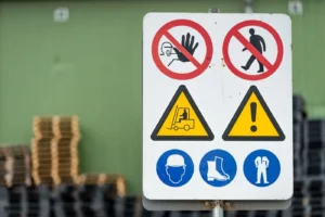 Panel de señalización de seguridad laboral con señales de prohibición (rojo), advertencia (amarillo) y obligación (azul) en un entorno industrial con señales de EPIs obligatorios.