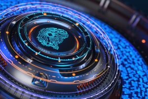 Cerebro digital azul brillante representando la Inteligencia Artificial (IA) como herramienta para la Seguridad y Salud en el Trabajo (SST)